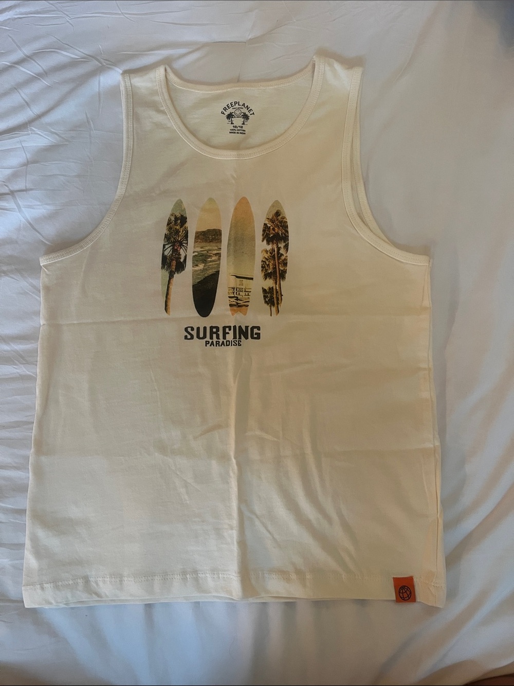 Free Planet Cream Surfboard Graphic Boy’s Tank size 10-12